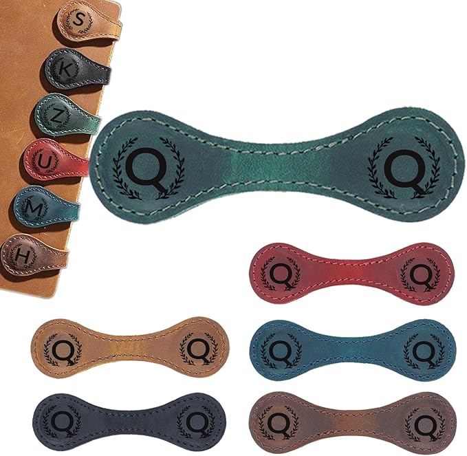 Magnetic Leather Bookmark with 26 Initial for Reading Women,Personalized Magnet Book Marks Gifts for Men,Book Lovers (Green, Q)