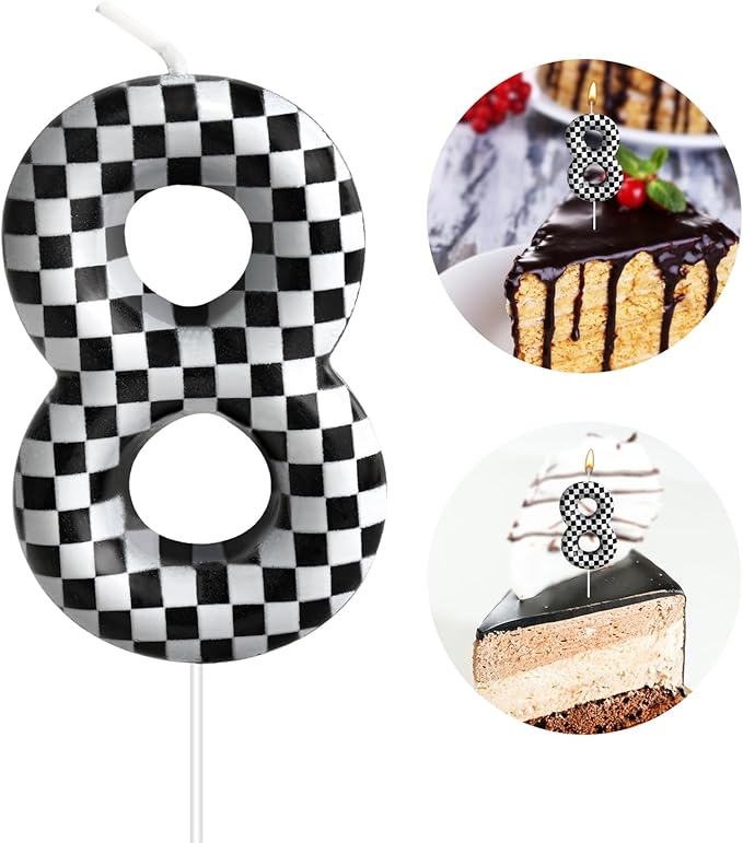 Racing Cars Themed Birthday Candle Number 8 Checkered Candle Birthday Party Decoration Cake Topper for Racing Car Party Decoration Theme Party Supplies (Number 8)