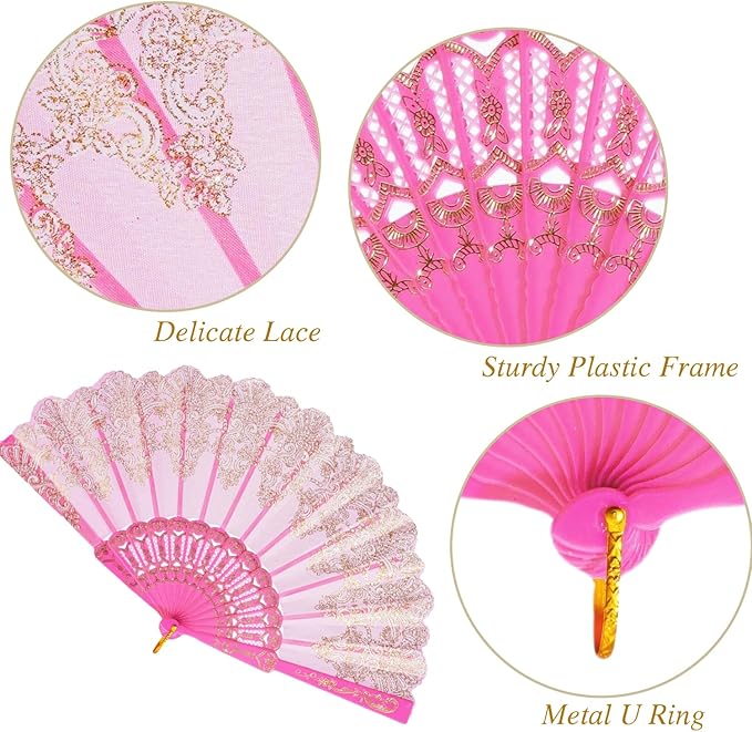 QIRMIZI 10 Pack Folding Handheld Fans,Silk Spanish Fan, Perfect for Weddings, Parties, and Dancing,Pink