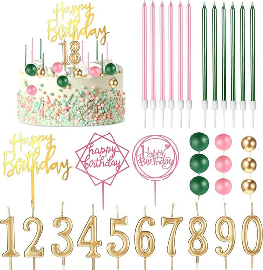 Yerliker 34 Pcs Happy Birthday Cake Toppers Decorations Birthday Candles DIY Cake Decor for Men Women Wedding Anniversary (Gold Green Pink)