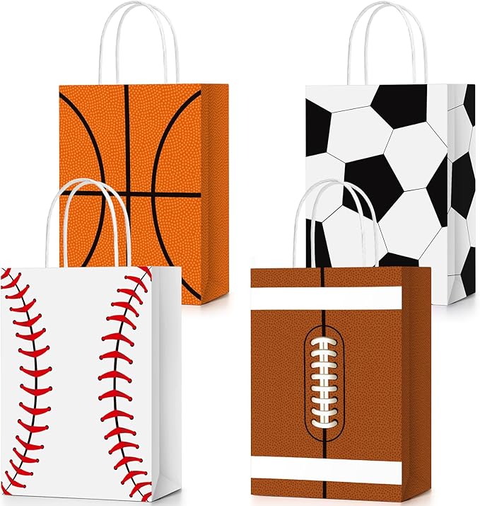 TaoBary 24 Pcs Sports Party Favor Bags Football Baseball Goodie Treat Gift Bags with Handles for Soccer Basketball Baseball Sports Themed Birthday Party Decoration Kids Baby Shower Supplies