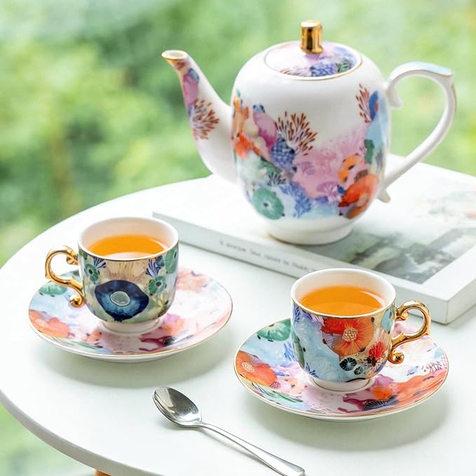KAMMAK Tea Set for Adults Ceramic Tea Pots and Tea Cup Set, Colorful Tea Cups and Saucers Set for Afternoon Tea, Party, Home, Office, Mordern Porcelain Tea Set with Gold Rim（Coral Secret Realm）