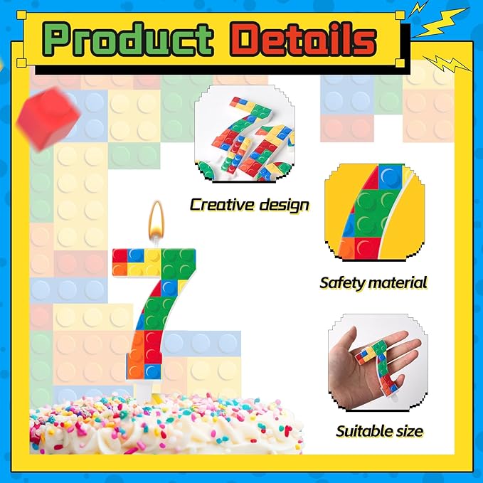 Building Block Themed Birthday Candle Number 7 Candle Birthday Party Decoration Cake Topper for Building Block Party Decoration Theme Party Supplies (Number 7)