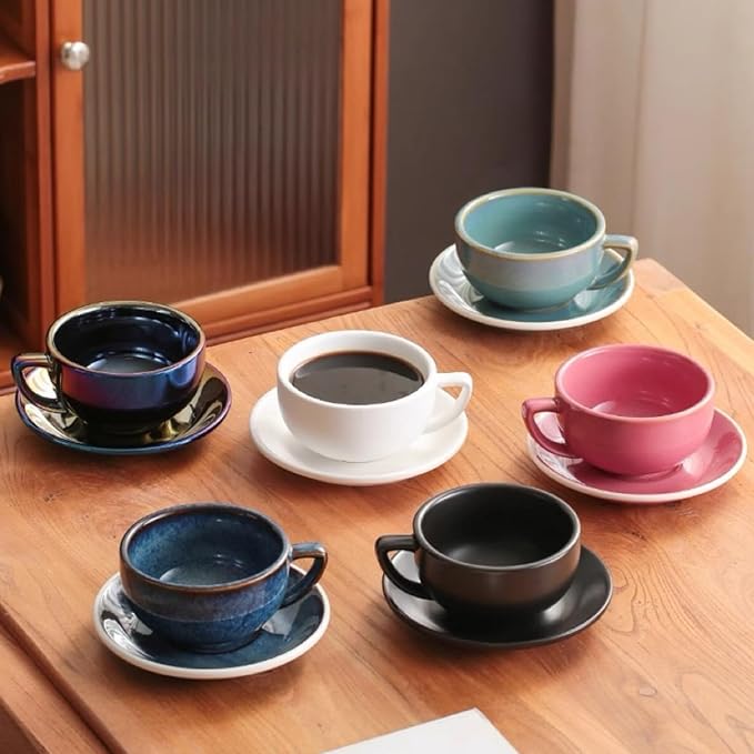 Ceramic Latte Mug, 10.82oz Barista Cup with Saucer, 7mm Thickened Rim Ceramic Cappuccino Cup, Vintage Latte Art Mug for Home & Café (Kiln Transmutation Blue)