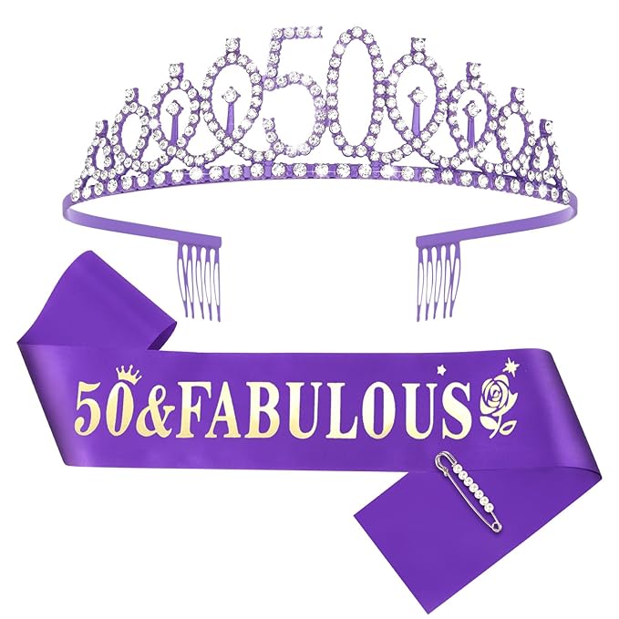 Casoty Purple 50th Birthday Sash and Tiara, 50th Birthday Decorations for Women, 50 & FABULOUS Sash and Crown Set, Party Supplies Favors for Women Gifts for Her