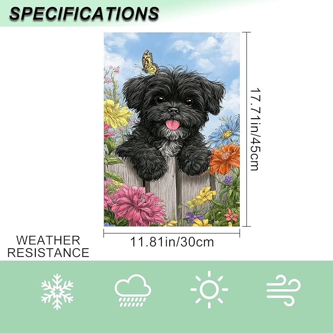 IVN Spring Garden Flag 12x18 Inch Double Sided Black Dog and Colorful Flowers Scene Outdoor Yard Flag for Outside Front Door Lawn Porch Patio Welcome Decor