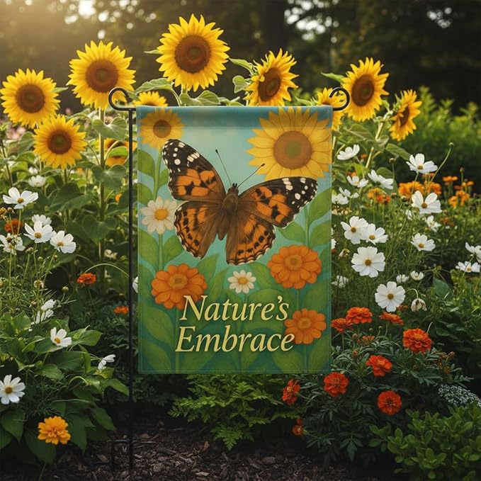 FLAGMEUP8386 Welcome Butterfly Garden Flag 12x18 Inch Double-Sided Polyester Fall Flag with Monarch and Painted Lady, Sunflowers and Orange Blooms, “Nature’s Embrace Quote Outdoor Decoration