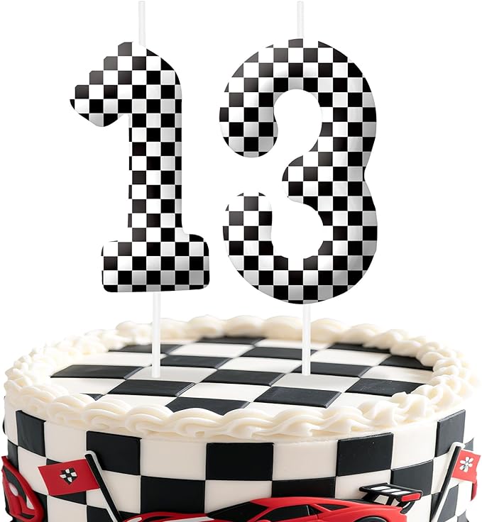 Racing Cars Number 13 Birthday Candles, Black White Checkered Flag Themed Cake Topper for Boys Girls, Cake Decorations for Birthdays, Race Car Theme Party Supplies, Candles for Party Decorations