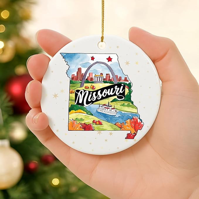 USA State Landmark Ceramic Ornament – Round Glossy Christmas Decoration Featuring U.S. State Art, Landmarks & Holiday Scenery – Collectible Travel Souvenir Ornament Series (Missouri)