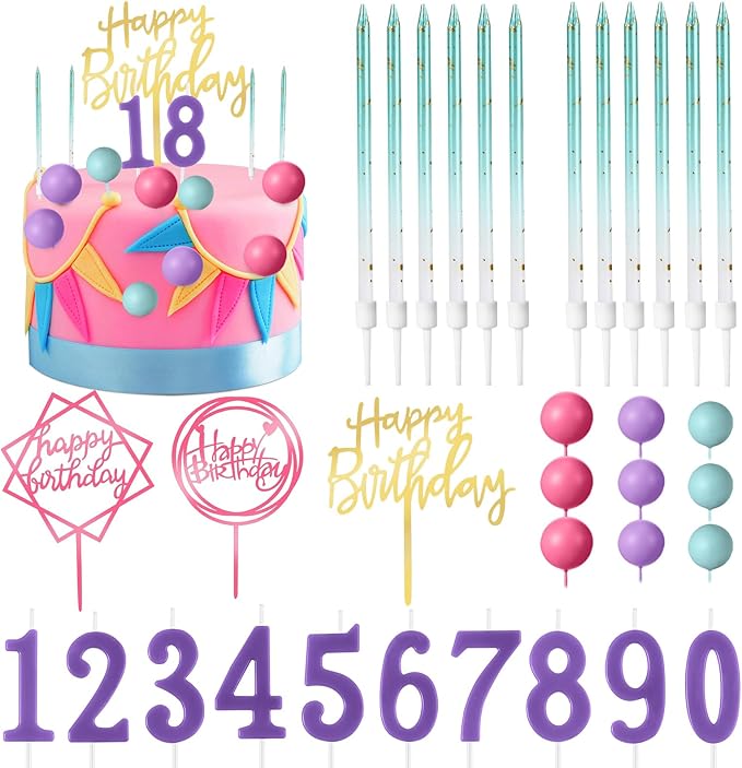 Yerliker 34 Pcs Happy Birthday Cake Toppers Decorations Birthday Candles DIY Cake Decor for Men Women Wedding Anniversary(Blue Purple Rose Red)