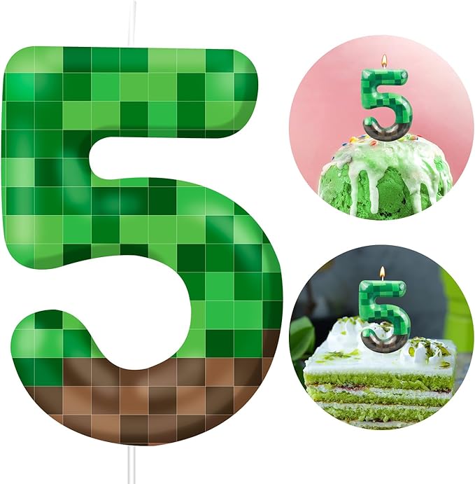 TNT Themed Birthday Cake Candle Number 5 Dynamite Themed Green Candle Cake Topper for Pixel Theme Birthday Party Decoration