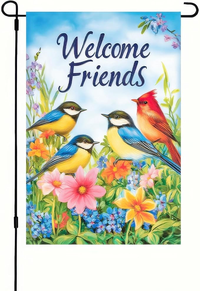 BlissYard Welcome Spring Garden Flag 12x18 Double Sided Birds and Flowers Yard Flags Welcome Friends Garden Flags Decorative Outside Outdoor House Spring Summer Decoration for Outdoor Lawn Patio