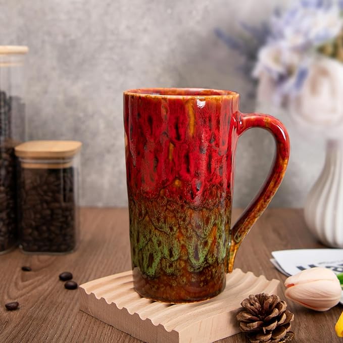 20oz Porcelain Coffee Mugs Set of 2, Large Tall Coffee Mugs with Handles, Modern Ceramic Coffee Cups for Tea, Cocoa, Milk, Gifts for Women Men - Red & Green