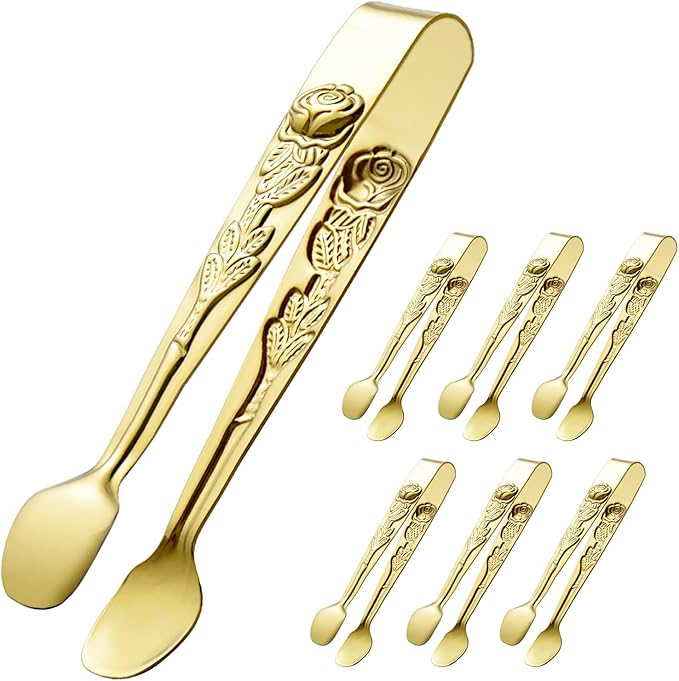 6PCS Mini Serving Tongs 5-Inch Small Rose Sugar Cube Appetizer Tongs, Tiny Metal Tong for Tea Party, Coffee Bar, Desserts (Gold)