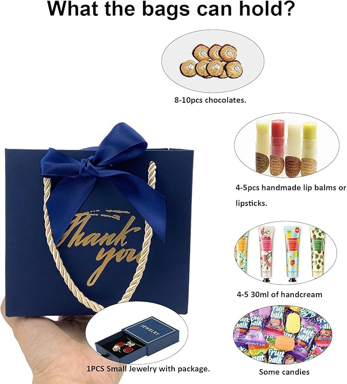 TKSBAG 50 Pack Small Thank You Gift Bags with Handles, 5.5''x 2.5''x4.7'' Mini Navy Blue Gift Bags Bulk for Baby Shower, Birthday, Wedding, Party Favors, Back to School, Summer Party