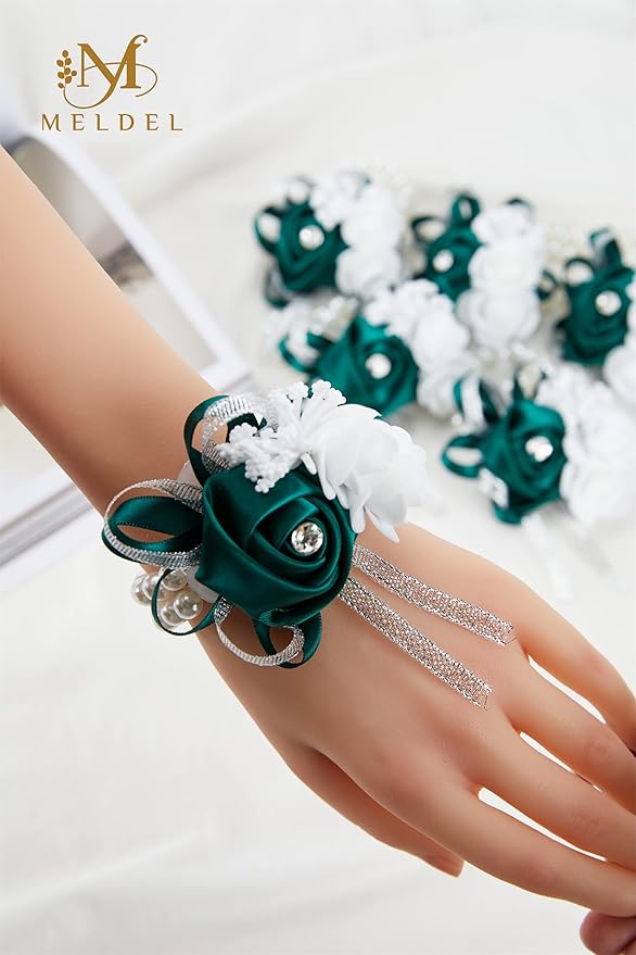 Meldel Wrist Corsage Bracelets for Wedding Mother of Bride and Groom, Green Silk Rose Wrist Hand Prom Flower Ceremony Anniversary,Dinner Party, Homecoming, Set of 6