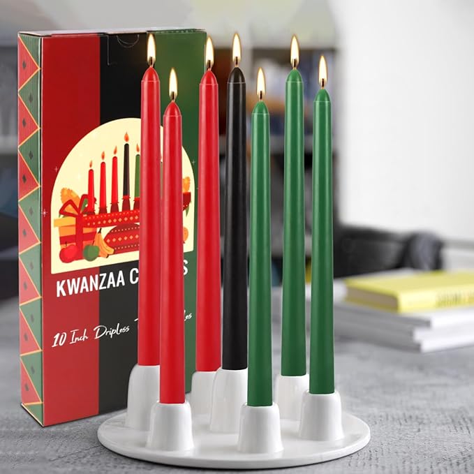 14-Pack Kwanzaa Candles Set - 6 Red, 2 Black, 6 Green Taper Candles, 10 Inch Unscented for Kinara, Holiday Centerpiece, African American Celebration, Principles & Heritage