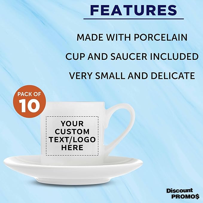 DISCOUNT PROMOS 10 Espresso Cups with Saucers Set, 3 oz. - Personalized Text, Logo - Practical, Porcelain, Coffee Shops - White