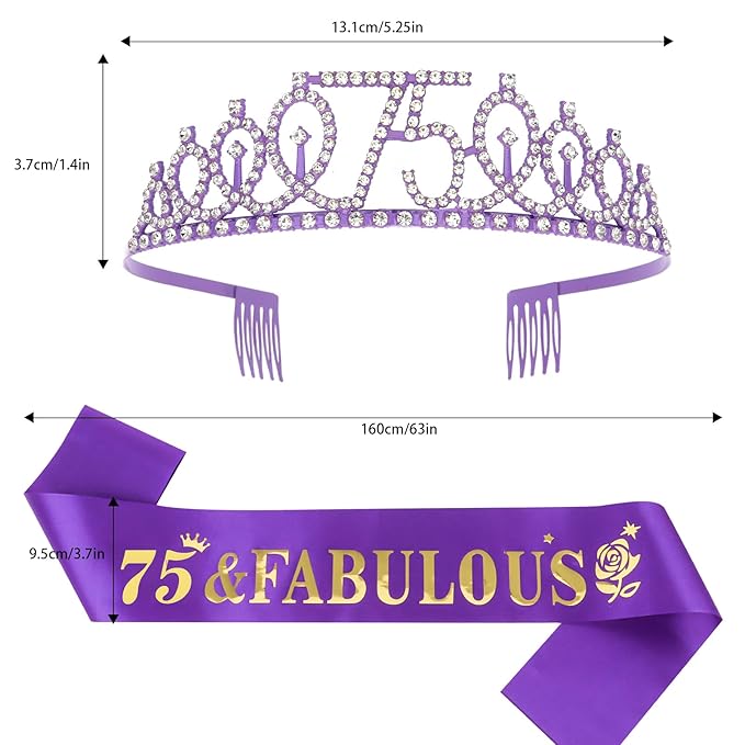 Casoty Purple 75th Birthday Sash and Tiara, 75th Birthday Decorations for Women, 75 and Fabulous Sash and Crown Set, Party Supplies Favors for Women, Gifts for Her