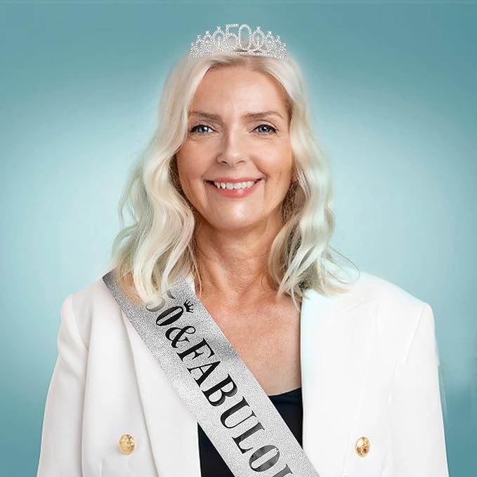 Casoty Silver 50th Birthday Sash and Tiara,0th Birthday Decorations for Women 50 and Fabulous Sash and Crown Set Party Supplies for Women,Gifts for Her