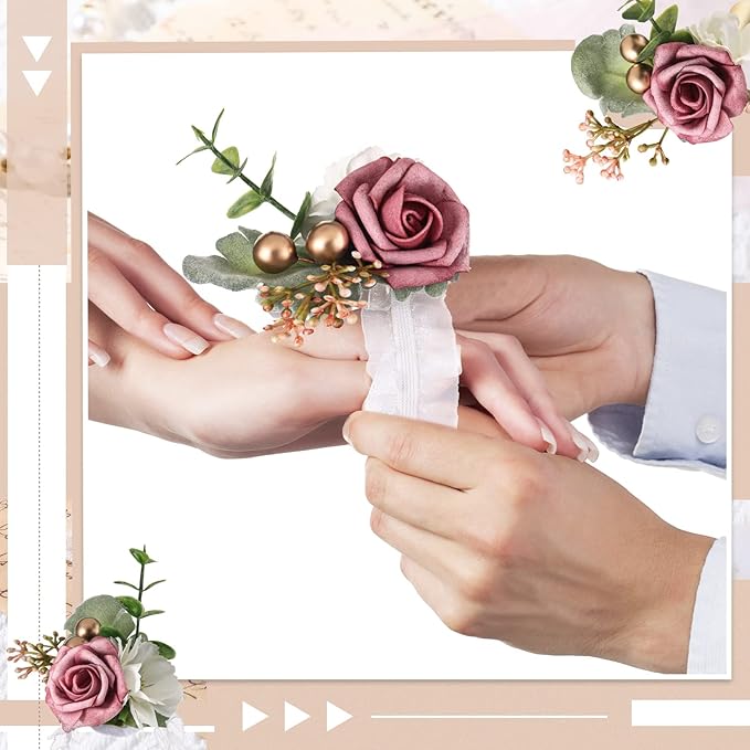 Tigeen 24 Pcs Dusty Rose Wrist Corsage Boutonniere Set, Handmade Bridal Bridesmaid Wrist Flower Boutonniere Set for Wedding Party Prom Suit Decoration