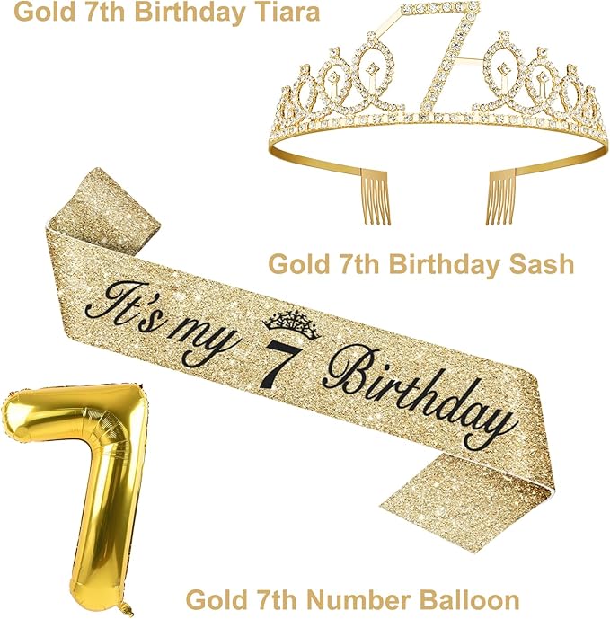 7th Birthday Decorations for Girl with 7th Birthday Girl Sash and Tiara, Candles and Cake Topper, Number Balloons, 7 Year Old Girls Gifts