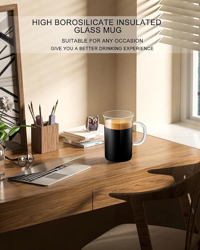 LUXU Glass Coffee Mugs 16 oz,Set of 2 Large Glass Coffee Cups Clear Tea Cups,Iced Coffee Glasses,Lead-Free Drinking Glasses for Water,Cappuccino,Latte,Cereal,Yogurt,Milk-Flat Bottomed Design