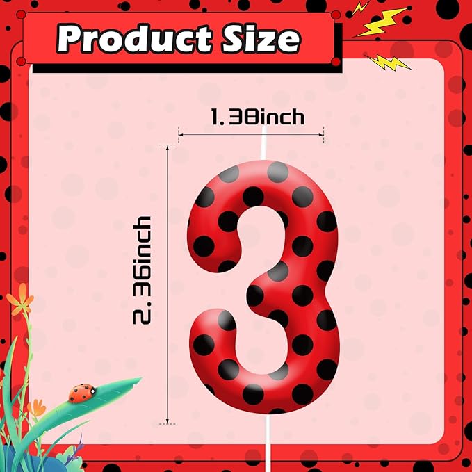 Ladybug Theme Birthday Candles - Red & Black Polka Dot Decorative Candles for Kids Ladybug Themed Parties, Baby Showers, Birthday Cakes, and Ladybird Inspired Celebrations(Number 3)