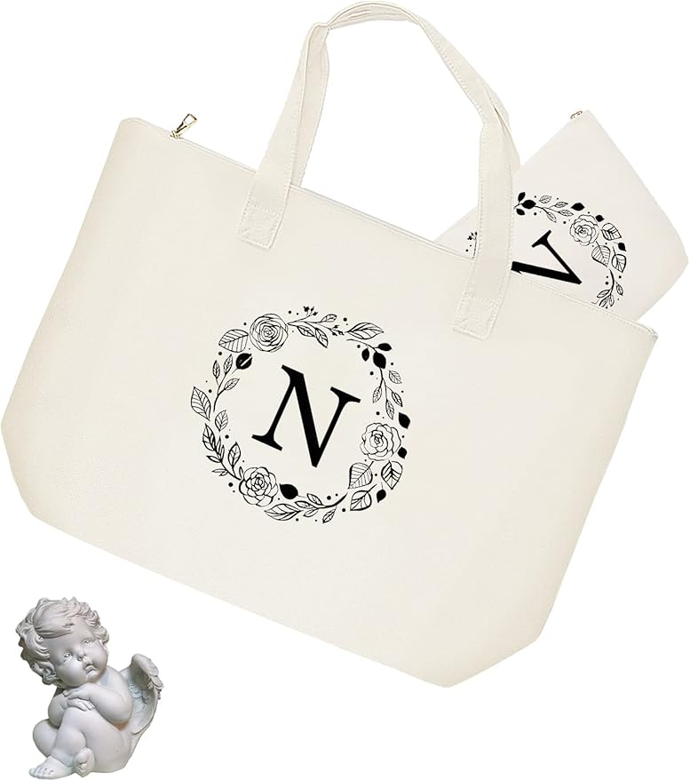 Personalized Initial Canvas Tote Bag with Zipper, Present Bag with Inner Pocket & Make Up Bag, Great Gifts for Women, Mom, Teachers, Friends, Bridesmaids