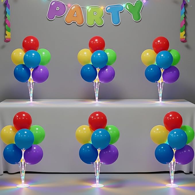 6 Set Balloon Stand Table Centerpieces with LED Lights for Party Decor, Balloons Centerpieces for Table, Balloon Stand Kit for Graduation Decorations 2025, Weddings, Birthday Decoration (Rainbow)