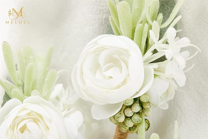 Meldel Ivory & Greenery Homecoming Boutonniere, White Boutonniere for Men Wedding, Set of 6, Groom Groomsmen Man Boutonniere for Wedding Ceremony Anniversary, Party Fall Vintage Wedding Prom