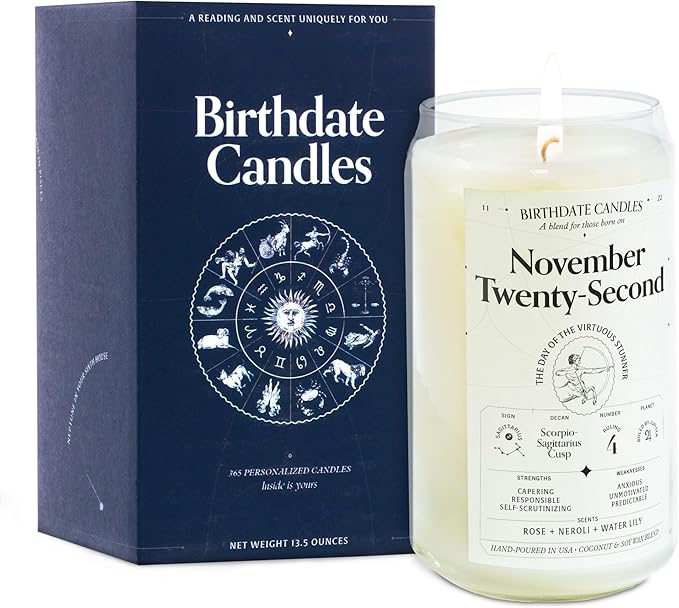 Birthdate Candles, November 22 - Sagittarius Zodiac Scented Candles Birthday Gift - Rose, Neroli & Water Lily Scent - All-Natural Soy & Coconut Wax, 60-80 Hour Burn Time - Made in USA