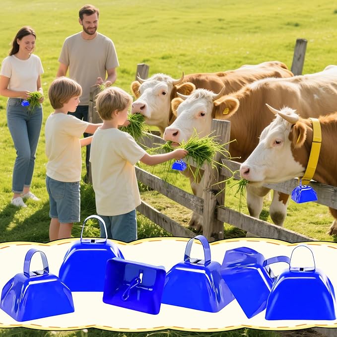 6PCS Metal Cow Bells Noisemakers, 3 Inch Loud Cow Bell Noise Makers for Sporting Events Party Favors with Handles, Great for Football Competitions, Sports Games, Celebration Parties (Blue)