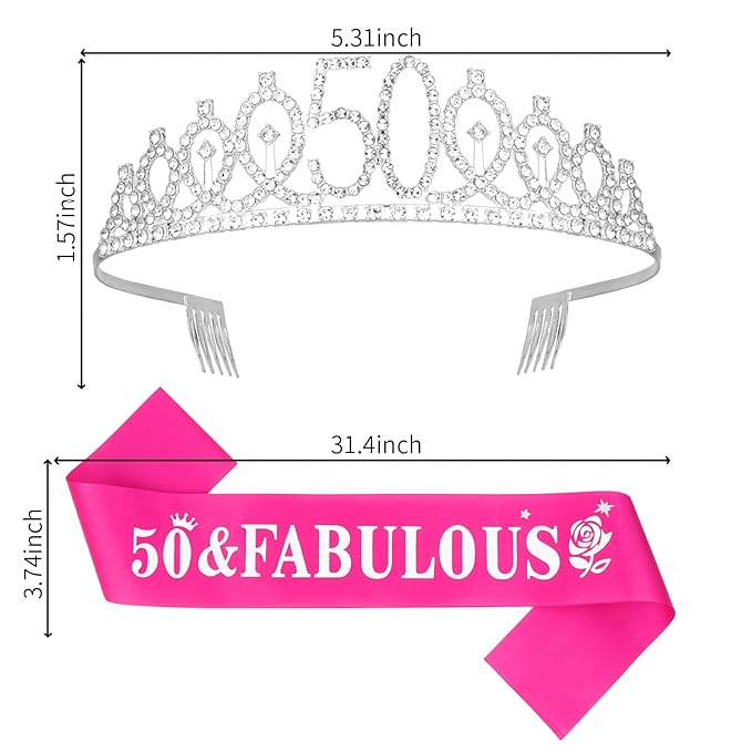 Casoty 50th Birthday Sash and Tiara, 50th Birthday Decorations for Women, 50 & FABULOUS Sash and Crown Set, Party Supplies Favors for Women, Gifts for Her