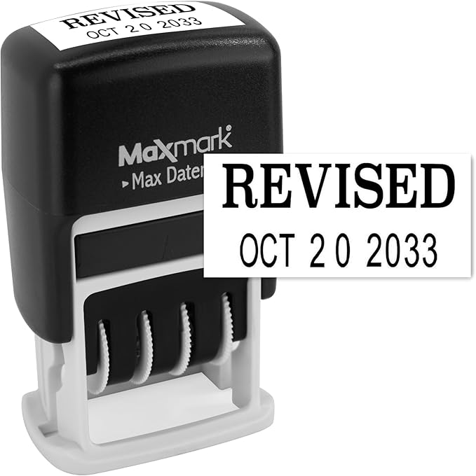 MaxMark Self-Inking Rubber Date Office Stamp with Revised Phrase & Date - Black Ink (Max Dater)