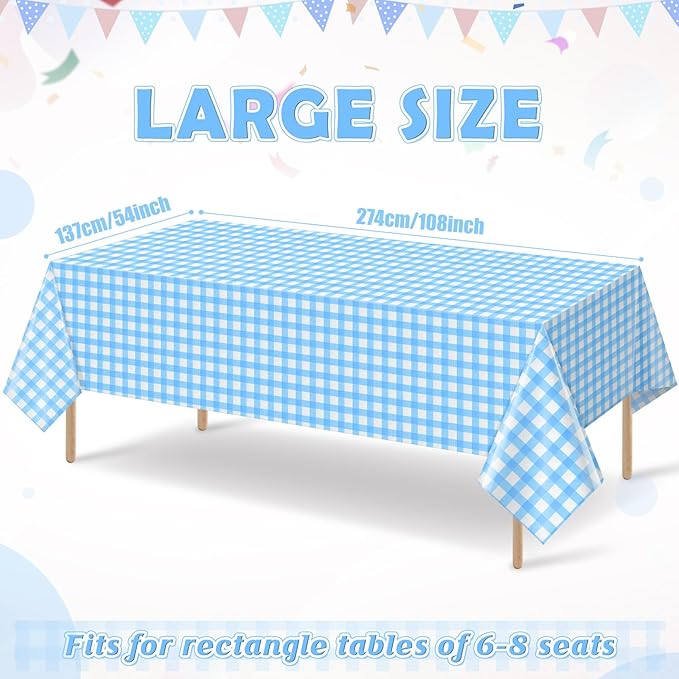 3pcs 54X108inch Light Blue Checkered Tablecloth,Blue Gingham Tablecloths Buffalo Plaid Disposable Plastic Table Covers for Birthday Baby Shower Bridal Wedding Party Birthday Decorations