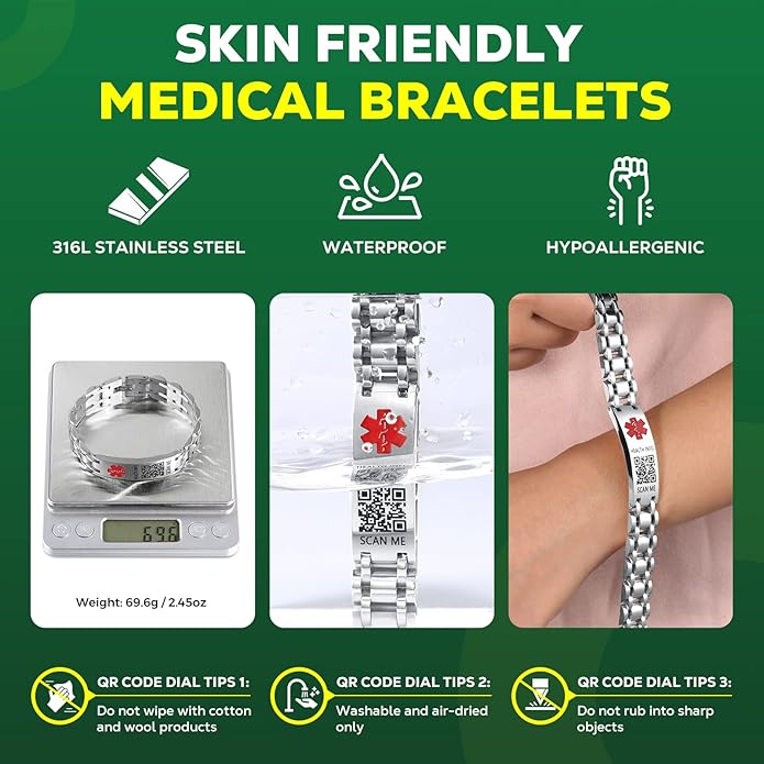 Upgraded Medical Bracelets Men Women with QR Code Medical Alert ID Bracelets - Titanium Steel Wristband Fits Wrists Up 8''-10'' - More Space Custom Emergency Med ID Info