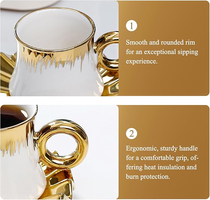 AstraLoom Turkish Coffee Cup Set - 6 Small 3oz Ceramic Demitasse Cups with Saucers, Gold-Plated Rim, for Espresso & Turkish Coffee