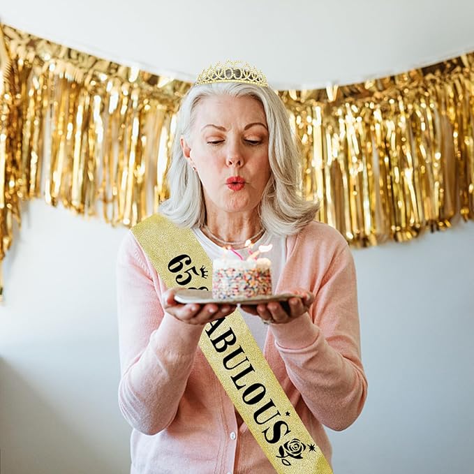 Casoty Gold 65th Birthday Sash and Tiara, 65th Birthday Decorations for Women, 65 & FABULOUS Sash and Crown, Party Supplies Favors for Women Gifts for Her