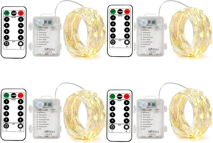 BXROIU 4 Pack Battery Operated Fairy String Lights, 8 Modes 5M Silver Wire with Remote & Timer - 50 LEDs Waterproof for Bedroom, Wedding, Christmas, Party Decorations