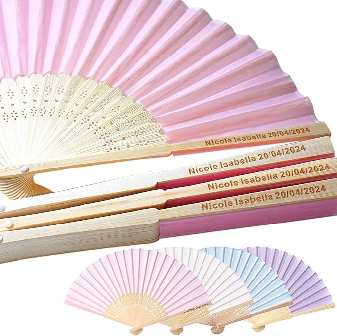 100 Pcs Personalized Pink Wedding Folding Fans for Guests, Custom Engraved Summer Wedding Fans, Folded Hand Fans for Wedding Favors, Vintage Silk Handheld Fans for Bridal Shower Decorations