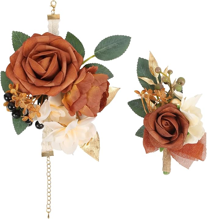 2Pcs Wedding Corsage and Boutonniere Set Orange Rose Corsage Wristlet and Boutonniere for Men Women Groom Bride Bridesmaid Groomsmen Wedding Party Accessory Prom Decoration (Orange)