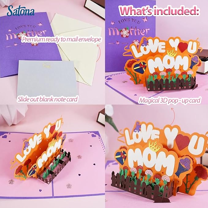 SATONA 3D Mother Pop-Up Greeting Card, Elegant Floral Scene, Includes Envelope & Message Card, Perfect for Mothers, Wives, Grandmas, or a Special Occasion (Love You Mom)