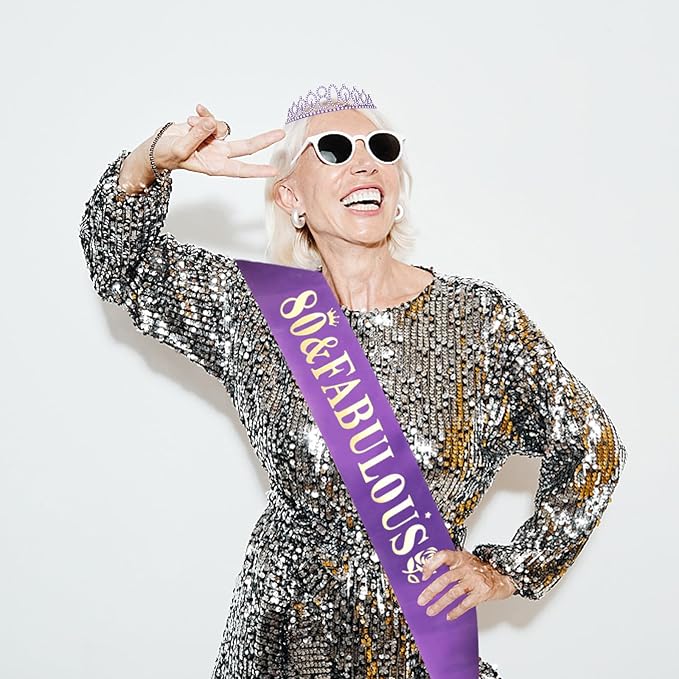 Casoty Purple 80th Birthday Sash and Tiara, 80th Birthday Decorations for Women, 80 & Fabulous Sash and Crown Set, Party Supplies Favors for Women Gifts for Her