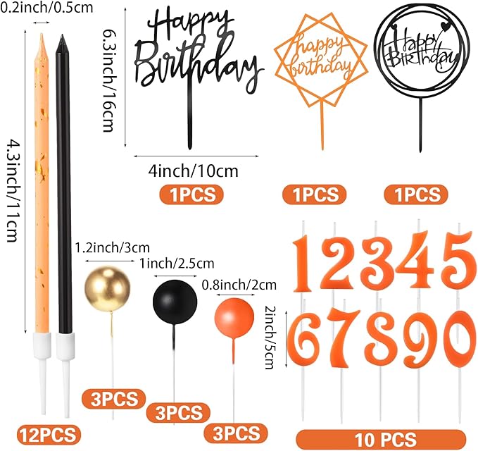 Yerliker 34 Pcs Happy Birthday Cake Toppers Decorations Birthday Candles DIY Cake Decor for Men Women Wedding Anniversary(Orange Black Gold)