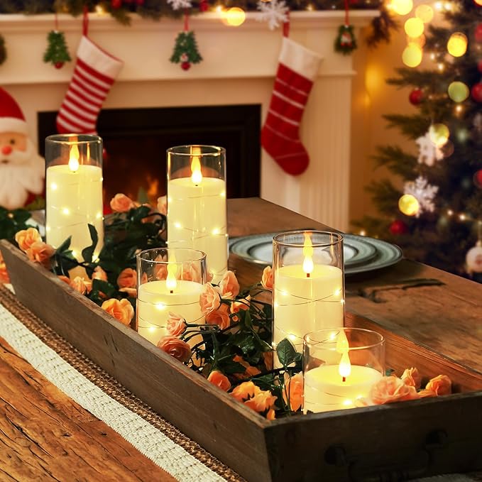 Homemory Pure White Flameless Candles with Embedded Star String Fairy Lights, Battery Operated Candle, LED Candles, Fake Candles with Remote Control and Timer, Set of 5(H4 5" 6" 8" 8")