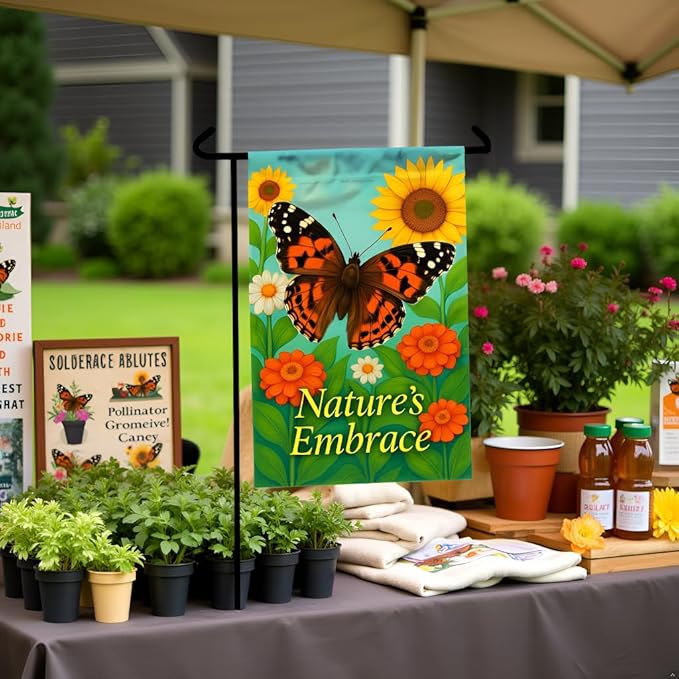 FLAGMEUP8386 Welcome Butterfly Garden Flag 12x18 Inch Double-Sided Polyester Fall Flag with Monarch and Painted Lady, Sunflowers and Orange Blooms, “Nature’s Embrace Quote Outdoor Decoration