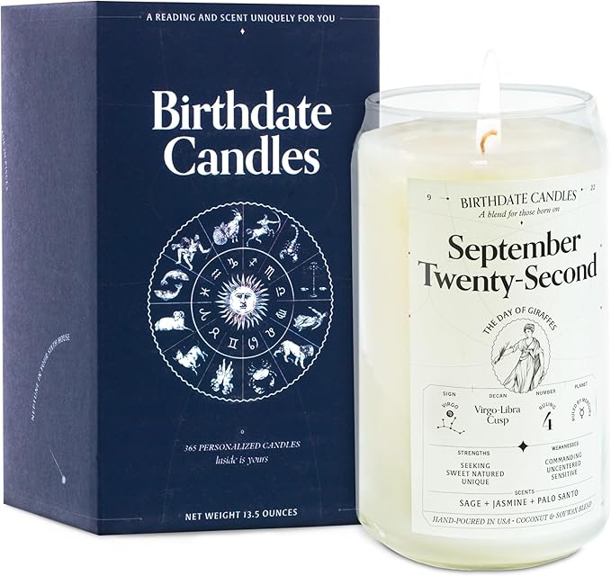 The Original Birthdate Candles, September 22 - Virgo Zodiac Scented Candles Birthday Gift - Sage, Jasmine & Palo Santo Scent - All-Natural Soy & Coconut Wax, 60-80 Hour Burn Time - Made in USA