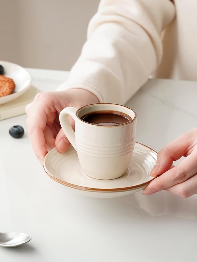 famiware Jupiter Espresso Cups and Saucers Set of 4, 3 oz Ceramic Small Coffee Mug with Handle, Spiral Stoneware Demitasse Cup for Tea, Latte, Cafe - Microwave & Dishwasher Safe, Vanilla White