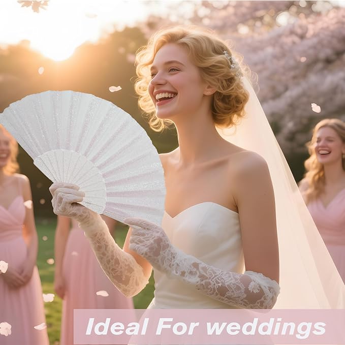 12 Pack Handheld Fan,Folding Hand Glitter Fan with Shining Transparent Fan Rib – Ideal for Wedding, Church, Festival, Dance, Tea Party, Club, and EDM Accessories, White